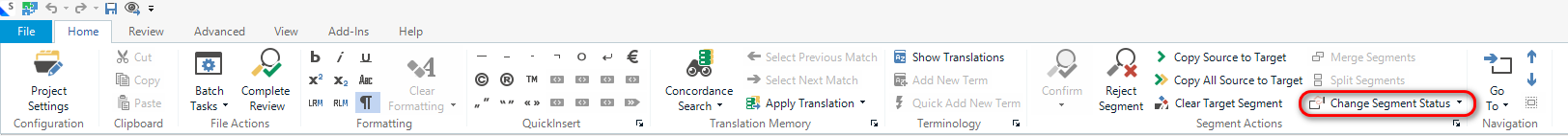 Trados Studio toolbar showing options like Project Settings, Batch Tasks, Complete Review, Apply Translation, and Change Segment Status highlighted.