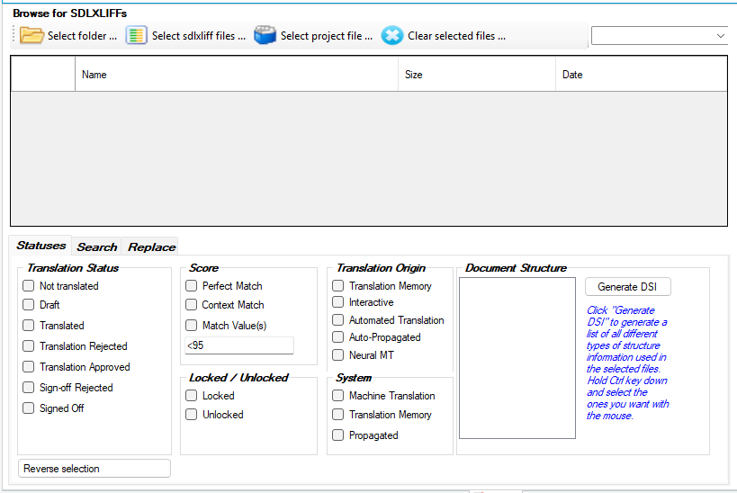 Trados Studio window titled 'Browse for SDLXLIFFs' with options to select files, translation statuses like Not Translated, Draft, and Signed Off, and a Generate DSI button.