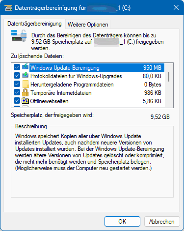 Disk Cleanup window showing selected options for file deletion, including Windows Update Cleanup and temporary internet files. Total space to be freed is 9.52 GB.