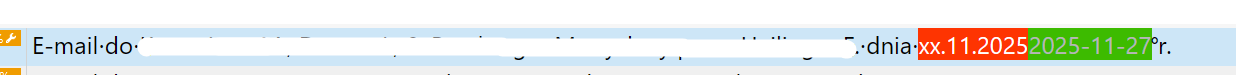Screenshot showing an email with a date mismatch. The incorrect date format xx.11.2025 is highlighted in red, and the correct format 2025-11-27 is highlighted in green.
