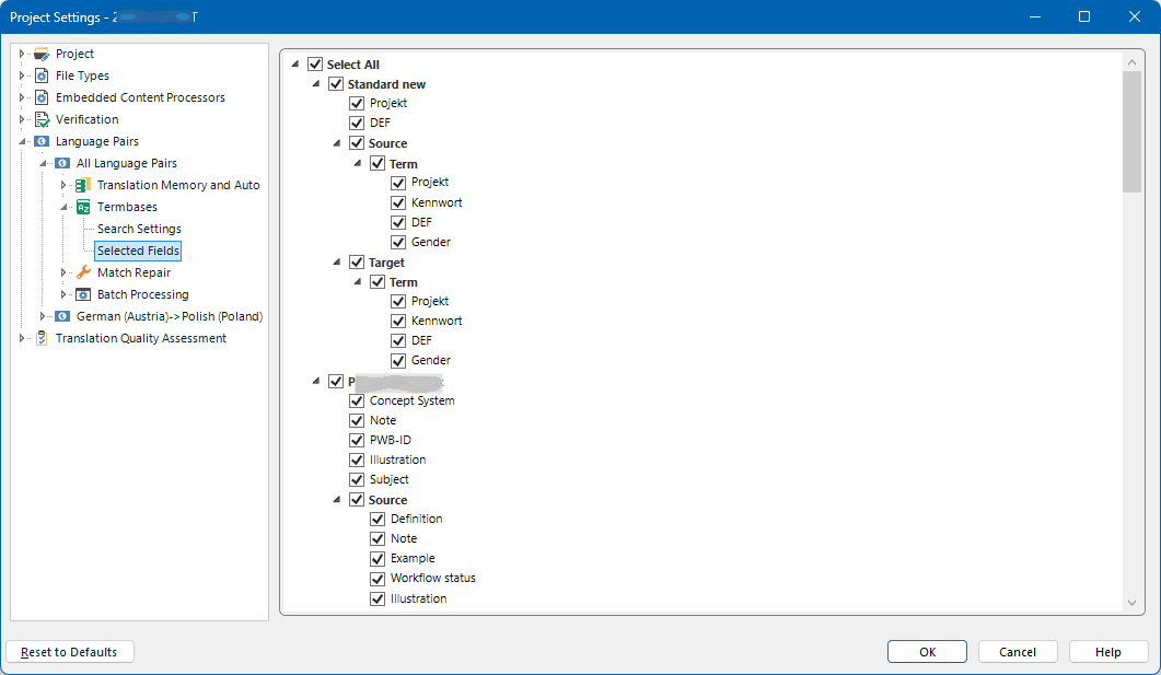 Trados Studio Project Settings window showing Termbases section under Selected Fields. Multiple checkboxes are selected for Source, Target, and other categories. Reset to Defaults, OK, Cancel, and Help buttons are visible.