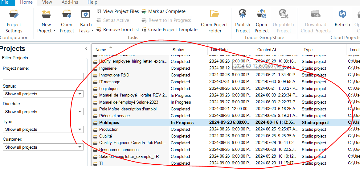 Screenshot of Trados Studio's project list view with small font size. The interface shows various project names, statuses, due dates, creation times, and types. No visible errors or warnings.