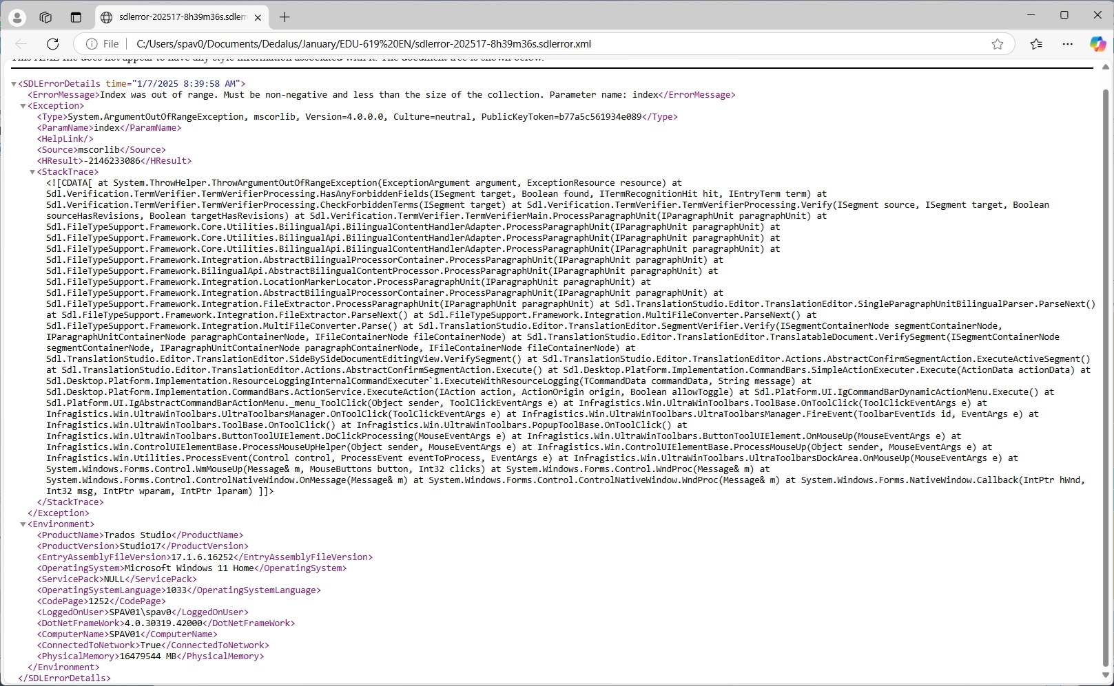 Screenshot of an error message in Trados Studio 2022 showing 'Index was out of range' exception with a stack trace of methods and an XML snippet with system details.