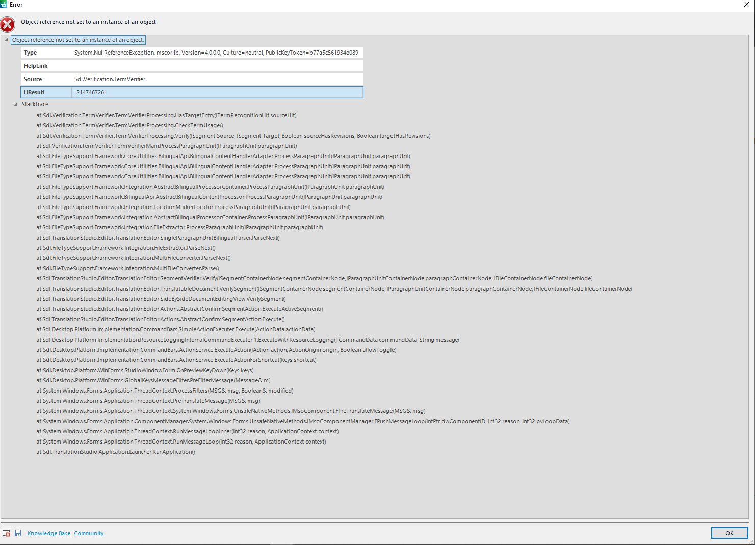 Error message in Trados Studio showing 'Object reference not set to an instance of an object' with a stack trace related to SDL Verification Term Verifier.