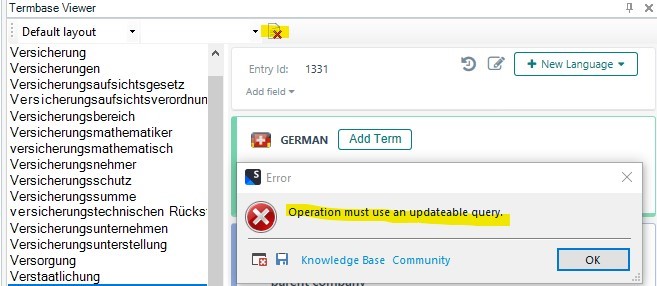 Trados Studio Termbase Viewer showing a list of terms with an error message 'Operation must use an updateable query.'