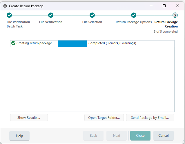 Trados Studio screenshot showing the 'Create Return Package' window stuck on 'Creating return package...' with the 'Close' button greyed out.