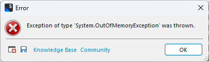 Error dialog box in Trados Studio displaying 'Exception of type 'System.OutOfMemoryException' was thrown.' with an OK button.