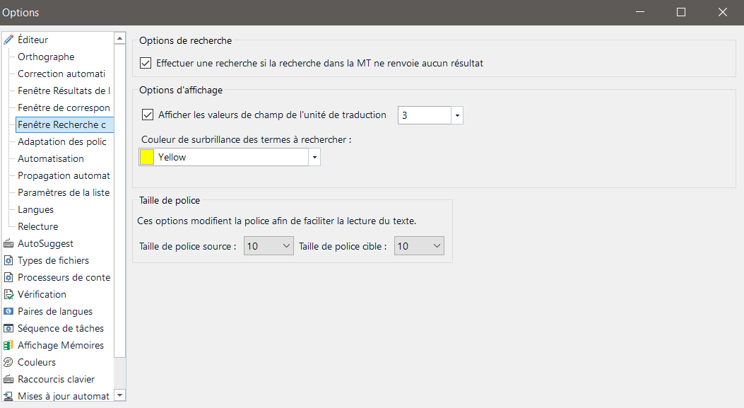 Screenshot of the options menu with settings for search, display options, and font size. The term highlight color is set to yellow, and font sizes are set to 10 for both source and target.