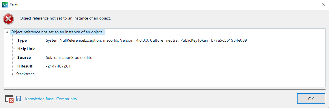 Another error dialog box in Trados Studio with a red cross symbol, showing the same 'Object reference not set to an instance of an object.' message with different source details and the same error type, help link, and HRESULT.