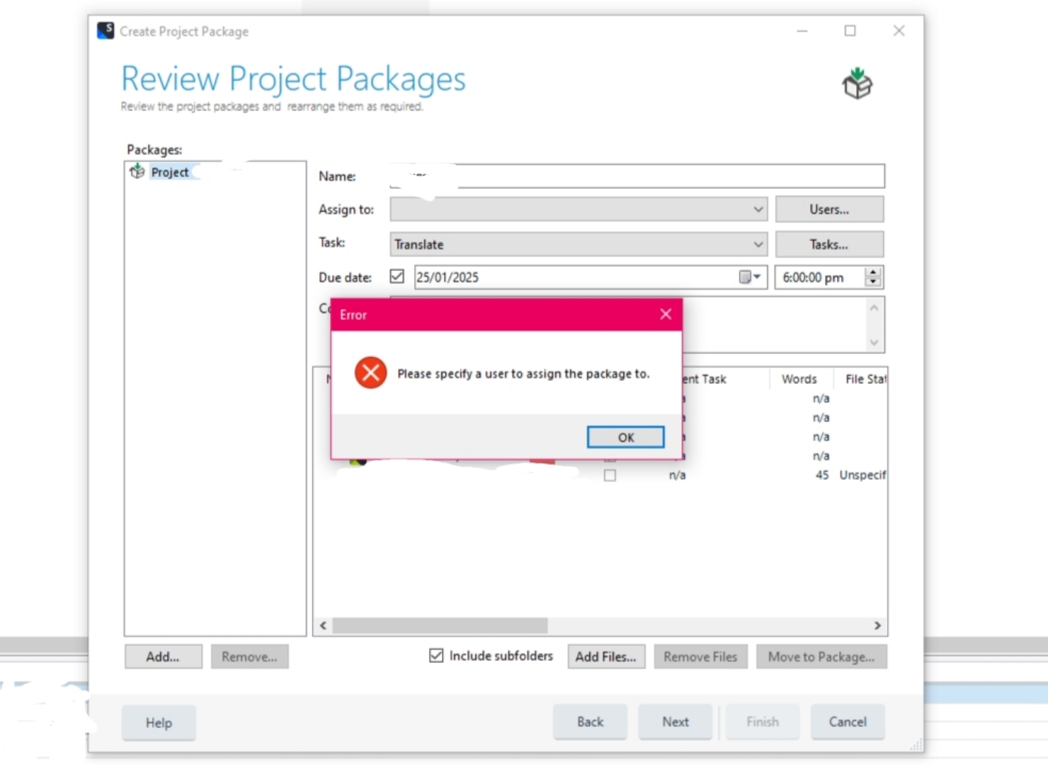 Screenshot of Trados Studio 2022 showing an error dialog box with the message 'Please specify a user to assign the package to.' in the 'Create Project Package' window.