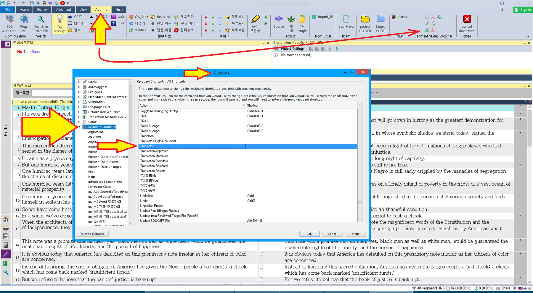 Trados Studio interface with 'No TermBase' warning, 'Keyboard Shortcuts' dialog open showing 'All Shortcuts' with arrows pointing to 'Options' and 'Keyboard Shortcuts'.