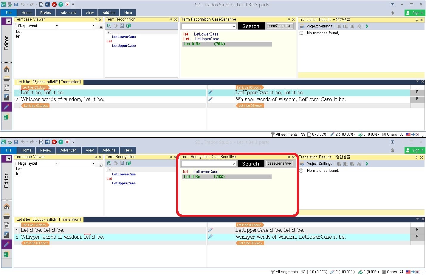 Trados Studio interface showing TermBase Viewer with terms 'Let' and 'let' highlighted in different cases.