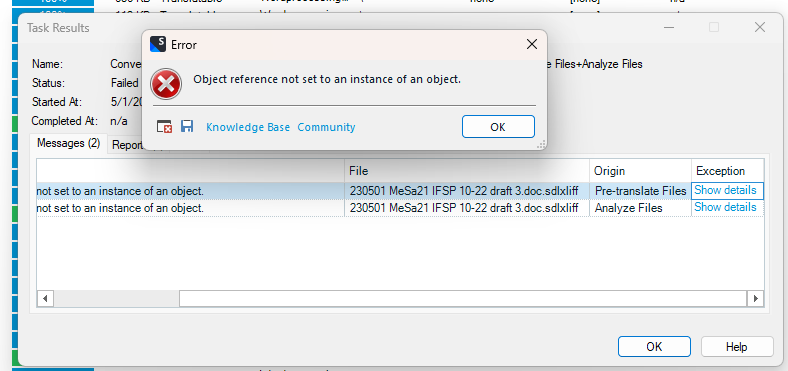 Close-up of Trados Studio error message popup reading 'Object reference not set to an instance of an object.' with 'OK' button.