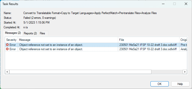 Trados Studio task results window showing 'Failed' status with two errors stating 'Object reference not set to an instance of an object.'