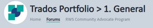 Trados Portfolio section header with '1. General' selected, showing links to Home, Forums, and RWS Community Advocate Program.