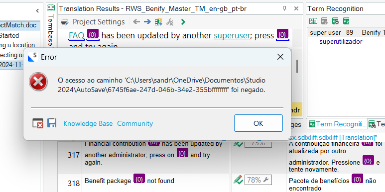 Screenshot of Trados Studio with an error message window stating 'Access to the path C:UserssandOneDriveDocumentosStudio2024AutoSaveGUID was denied.' and buttons for Knowledge Base and Community.