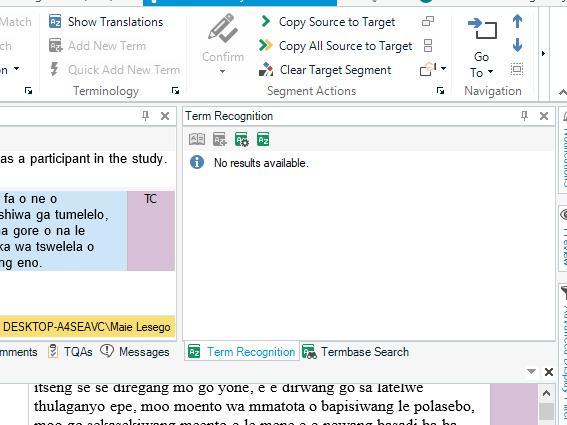 Screenshot of Trados Studio interface showing the Term Recognition window with a message 'No results available' indicating no terms are being recognized.