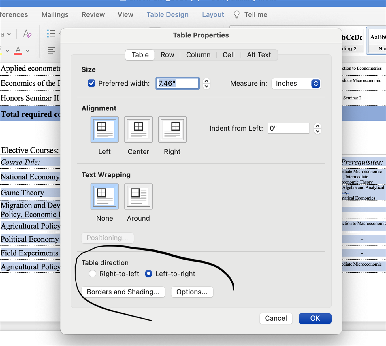 Screenshot of Table Properties dialog in a word processor with an arrow pointing to the 'Left-to-right' table direction option.
