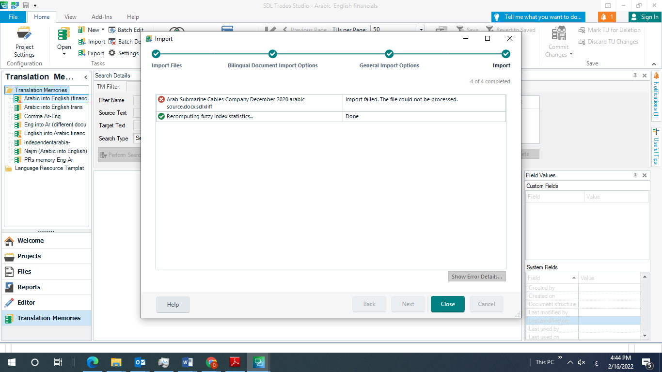 Screenshot of SDL Trados Studio showing an error message 'Import failed. The file could not be processed.' during the import of a bilingual document from Arabic to English.