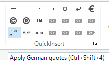 Trados Studio QuickInsert menu with a tooltip displaying 'Apply German quotes (Ctrl+Shift+4)' over the quotation marks button.