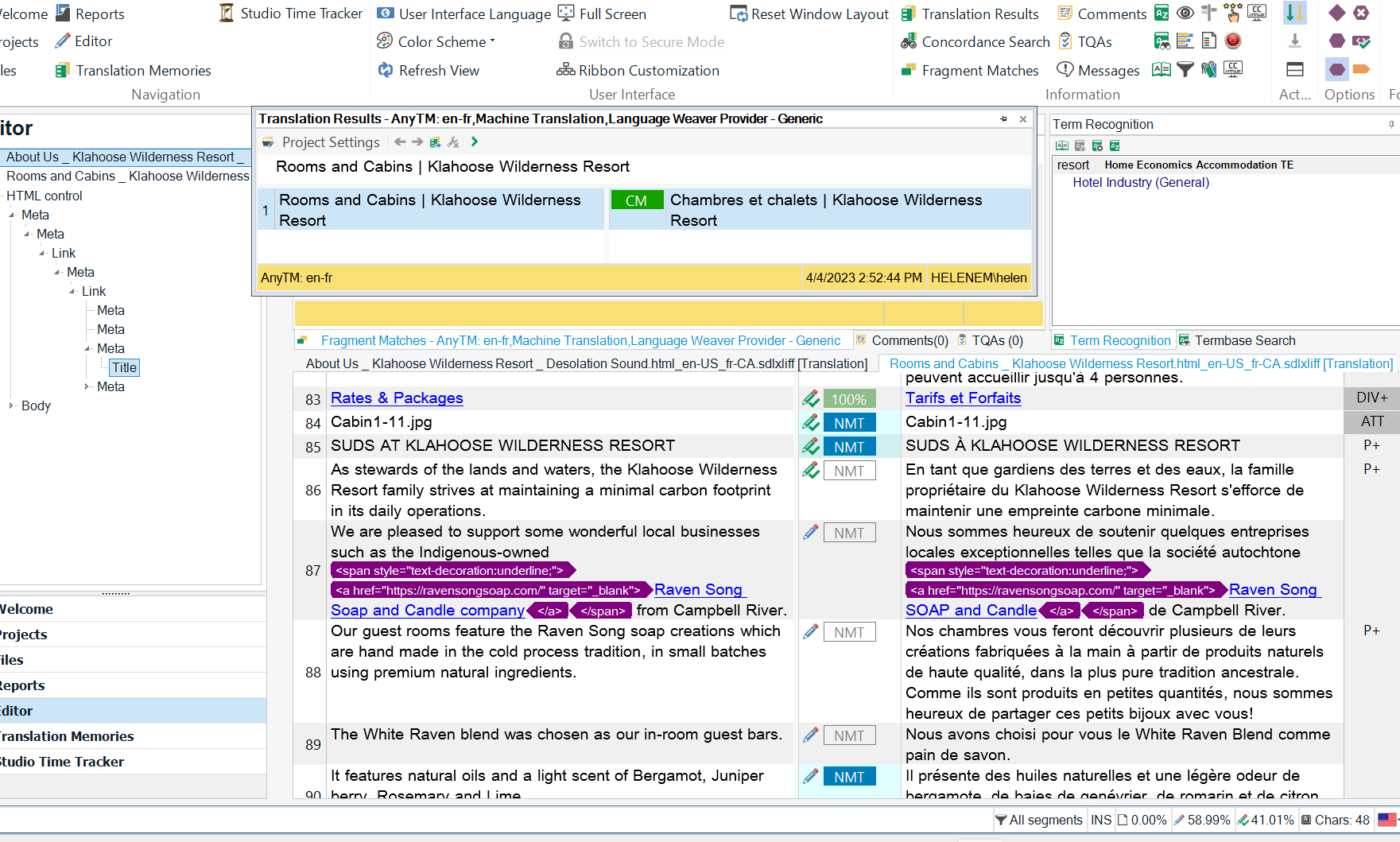 Screenshot of Trados Studio editor view showing segment 87 with missing tags before the text and segment 112 with no visible issues.