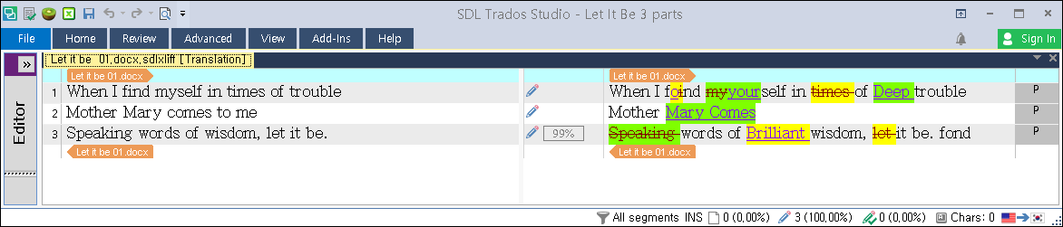 Trados Studio interface showing a translation comparison. The left side displays the source text highlighted in yellow by a former user, and the right side shows the target text with edits highlighted in green by a latter user. No visible errors or warnings.