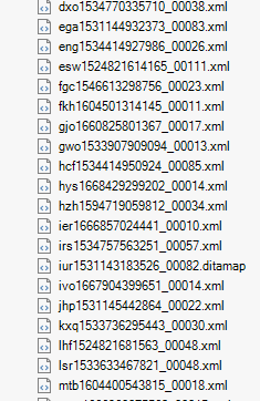 List of XML files with alphabetical file names displayed in Trados Studio, starting with 'ado1534770335710_00038.xml' and ending with 'mbo160440543815_00018.xml'.