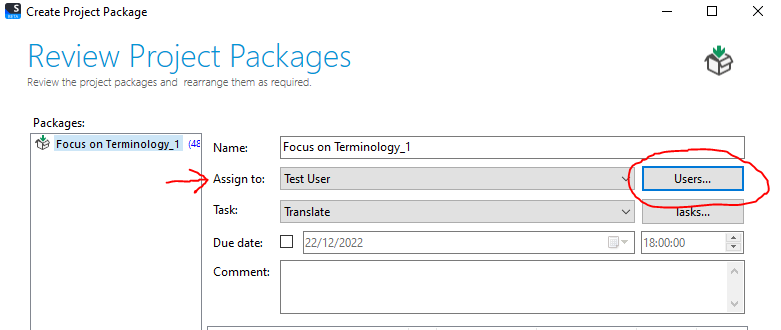 Email draft window with 'Emailing project package: Focus on Terminology.sdlppx' subject and 'test@rws.com' in the 'To' field, ready to send.