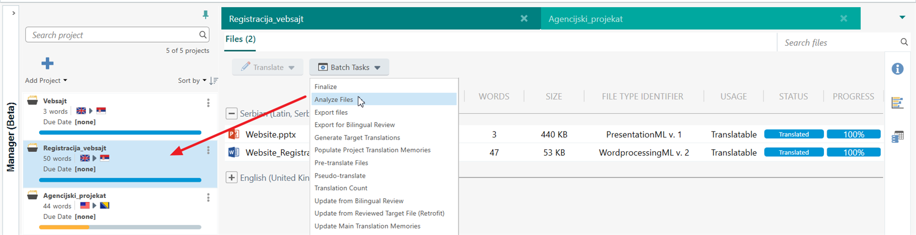 Trados Studio screenshot displaying a dropdown menu for Batch Tasks with options like Analyze Files and Export Files.