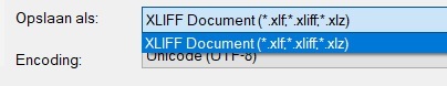 Dropdown menu showing save as options with XLIFF Document (*.xlf; *.xliff; *.xlz) selected and Encoding set to Unicode (UTF-8).