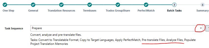 Trados Studio project creation wizard showing Task Sequence step with 'Prepare' selected, including tasks like Convert, Analyze, and Pre-translate. A red error icon is visible next to the dropdown menu.