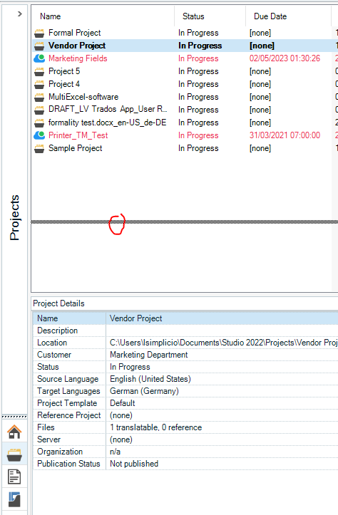 Trados Studio screenshot showing the Projects list with various projects in progress and a red arrow pointing to a UI section that can be dragged.