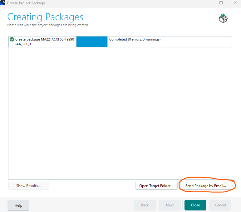 Trados Studio dialog box showing 'Creating Packages' with a completed task 'Create package MA22_ACXF60-4990-AA_26L_1' and options to 'Show Results...', 'Open Target Folder...', and 'Send Package by Email...'.