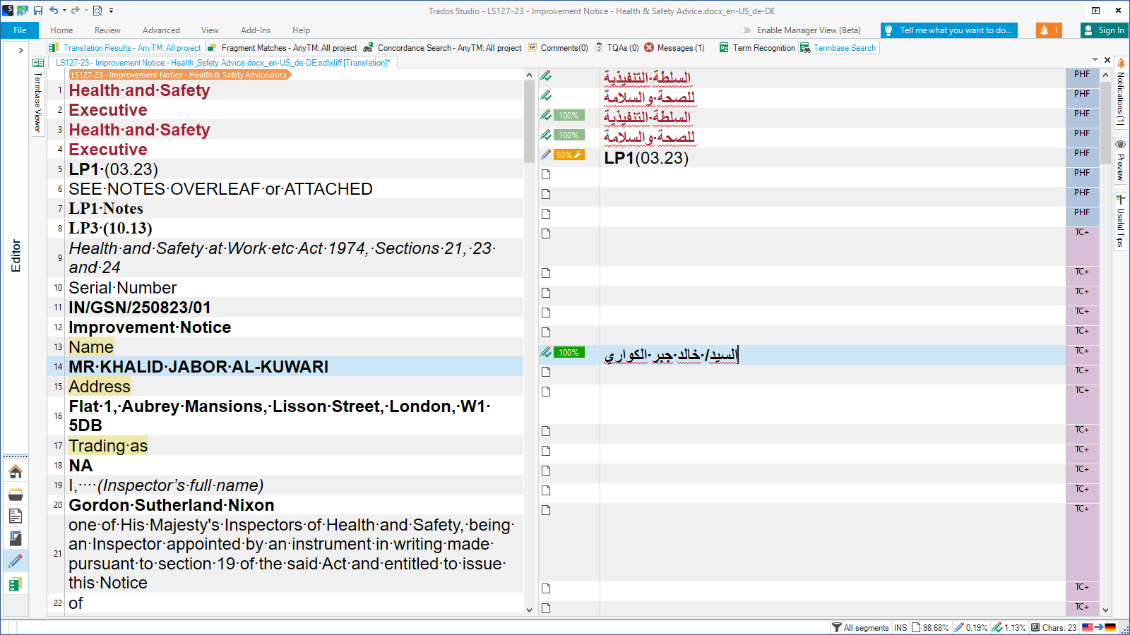 Screenshot of Trados Studio 2022 showing a document with text alignment issues, where English text is aligned left to right and Arabic text is reversed.