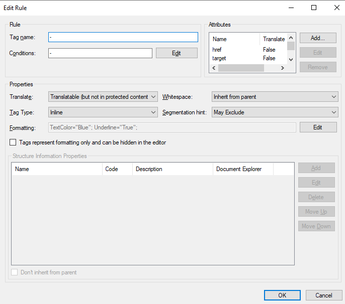 Trados Studio Edit Rule dialog box showing properties for inline tag with attributes 'href' and 'target' set to not translate.