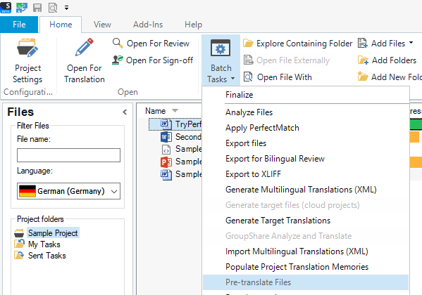 Trados Studio interface showing the 'Batch Tasks' dropdown menu with 'Pre-translate Files' option highlighted, indicating the step to automate translations using a TM with a 70% fuzzy match.