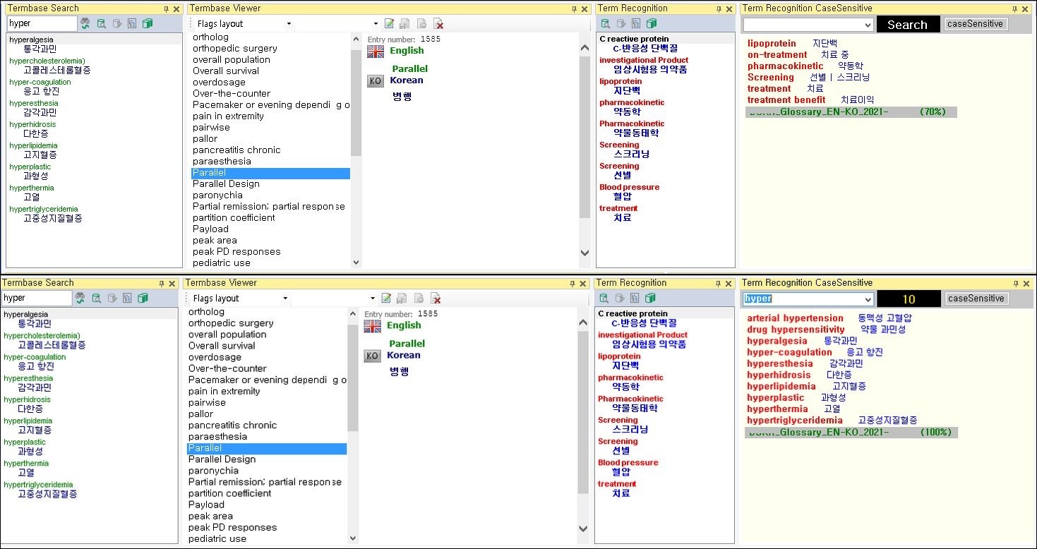 Screenshot of Trados Studio interface showing three windows: 'Termbase Search', 'Termbase Viewer', and 'Term Recognition CaseSensitive'. The 'Termbase Search' window lists medical terms, the 'Termbase Viewer' displays details for the selected term 'Parallel', and the 'Term Recognition CaseSensitive' window shows a list of terms with a search bar at the top.