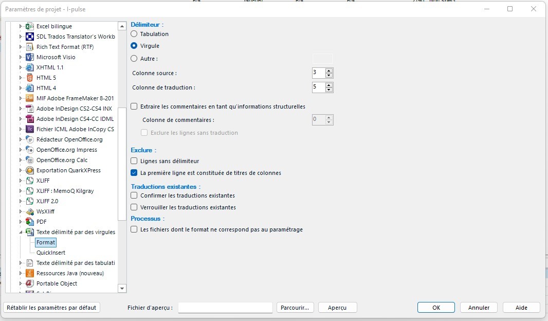 Trados Studio project settings window showing file type settings for CSV with source column 3 and target column 5 selected.