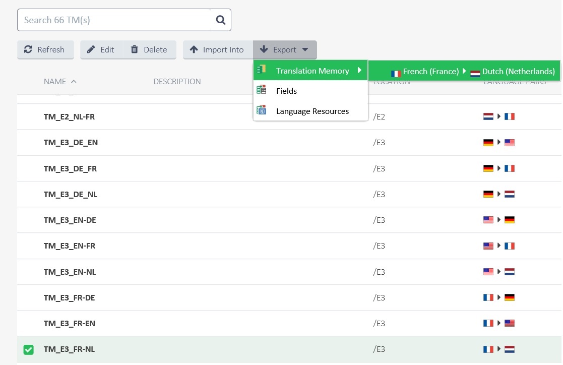 Screenshot showing the Export menu expanded further to select Translation Memory, with French to Dutch language pair highlighted.