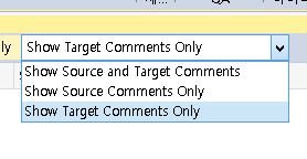 Dropdown menu in Trados Studio with options for comment filtering: Show Target Comments Only, Show Source and Target Comments, Show Source Comments Only, Show Target Comments Only.