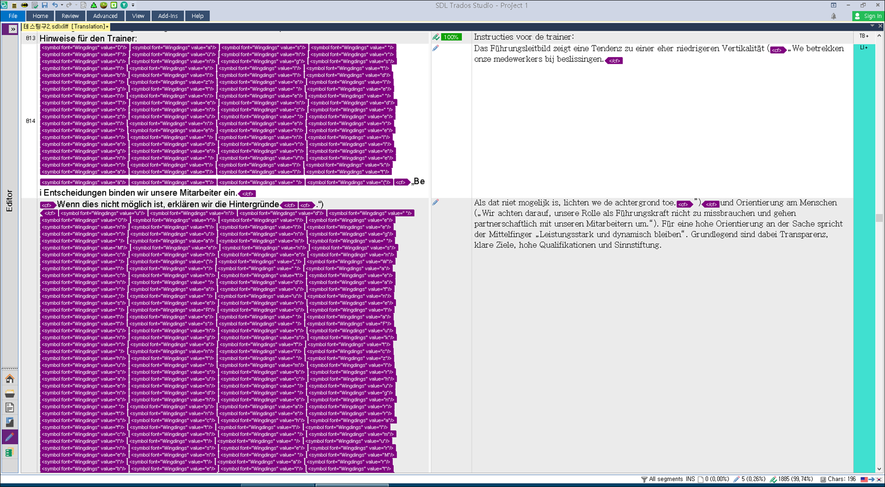 Screenshot of Trados Studio with an error message displaying repeated 'symbol font Wingdings value' in the translation segment.