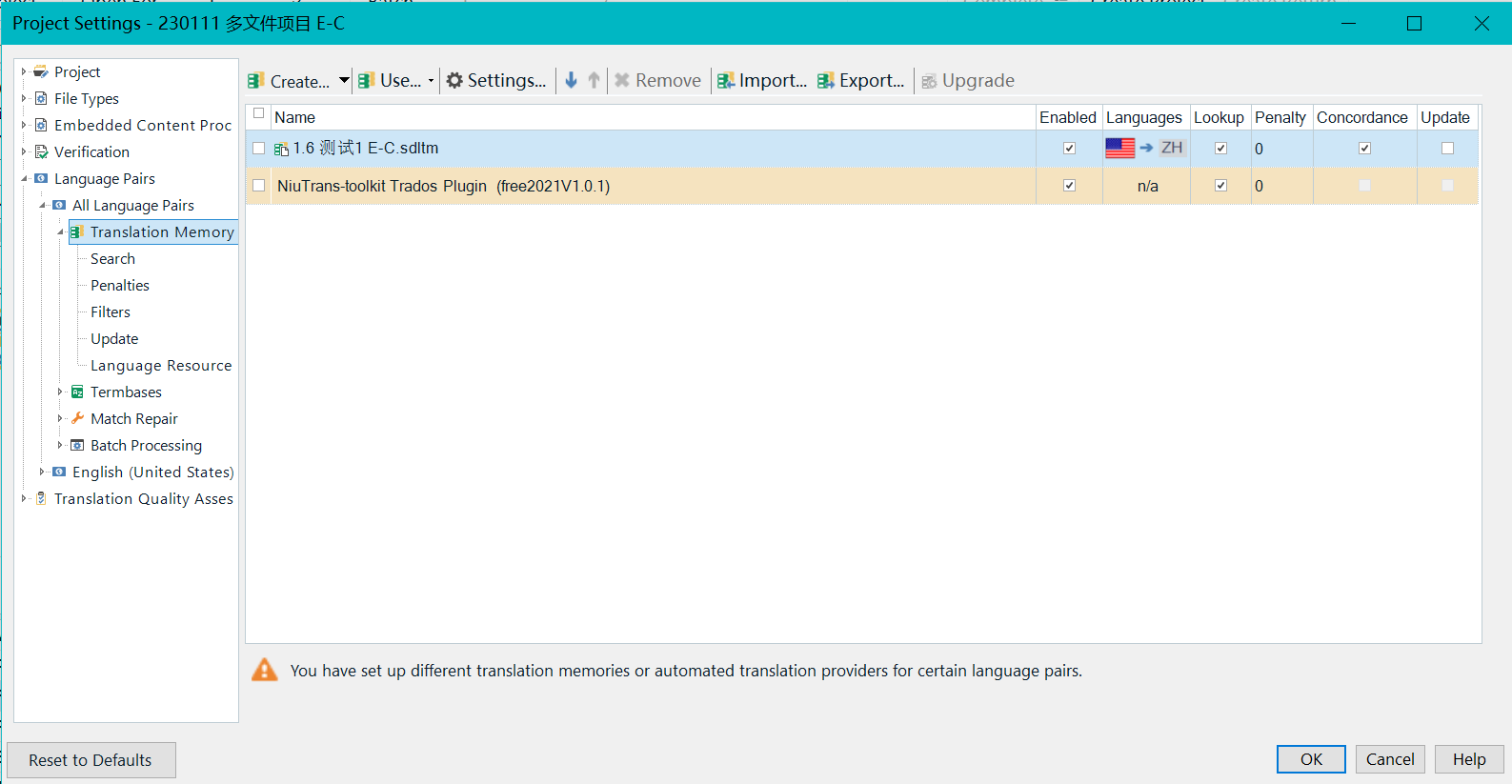 Trados Studio Project Settings window showing a warning message: 'You have set up different translation memories or automated translation providers for certain language pairs.'