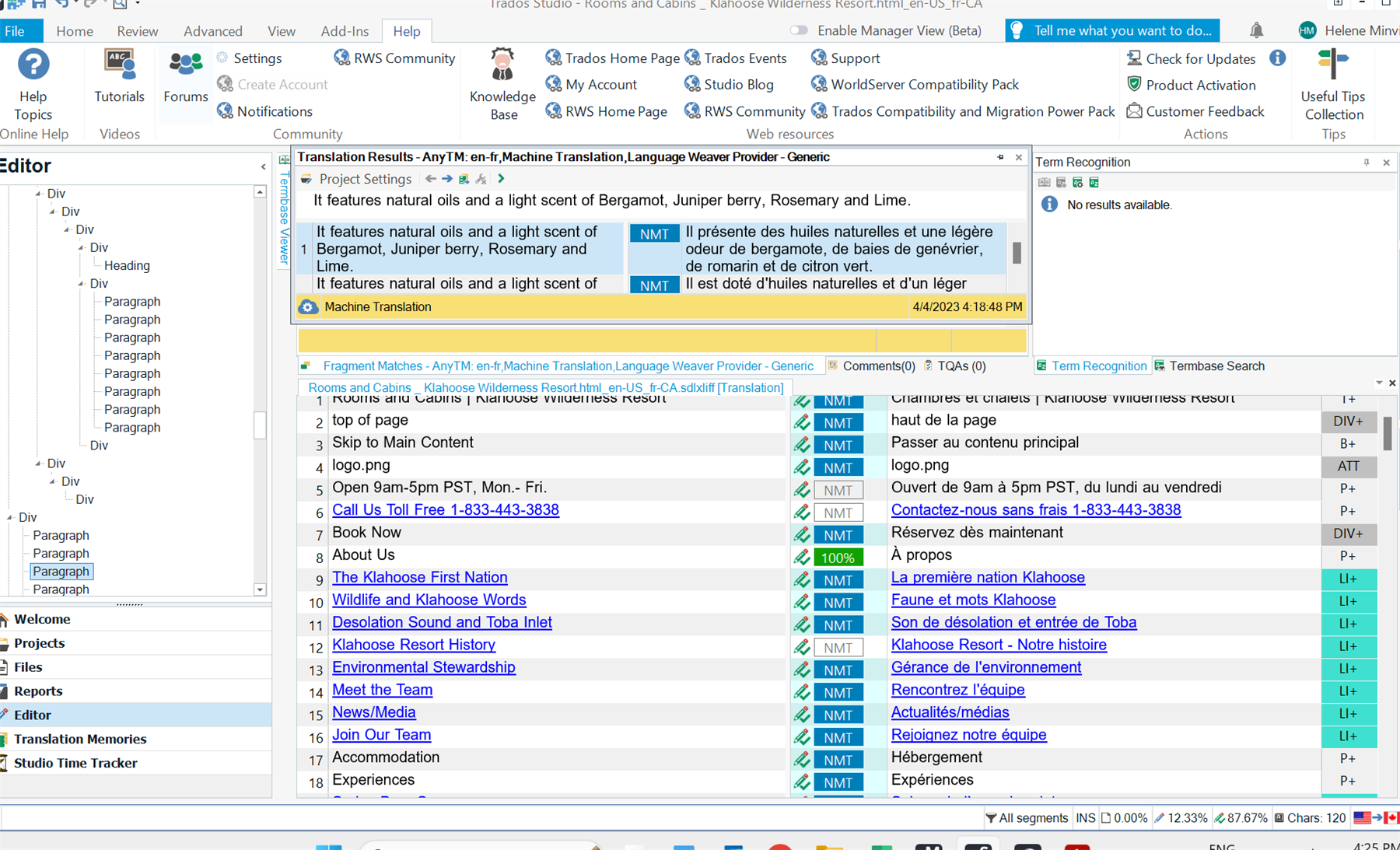 Screenshot of Trados Studio 2022 showing English to French machine translation with font change issue in target HTML file.