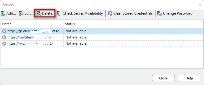 Trados Studio Servers dialog box showing three servers with 'Not available' status. 'Delete' button is highlighted indicating the action to remove a server.