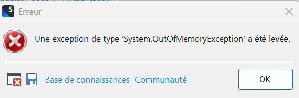 Error dialog box in Trados Studio with a red 'X' icon, titled 'Erreur'. Message reads 'Une exception de type 'System.OutOfMemoryException' a ete levee.' with 'OK' button and links to 'Base de connaissances' and 'Communaute'.