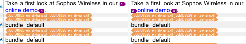 Text in Trados Studio with hyperlink to 'online demo' and code snippets containing 'bundle_default'.