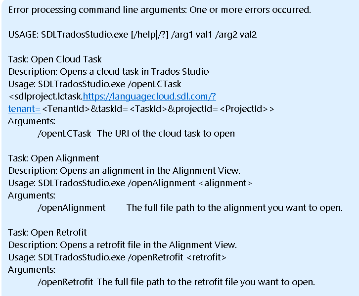 Screenshot of an error message in Trados Studio stating 'Error processing command line arguments: One or more errors occurred.' followed by usage instructions for various tasks such as Open Cloud Task, Open Alignment, and Open Retrofit.