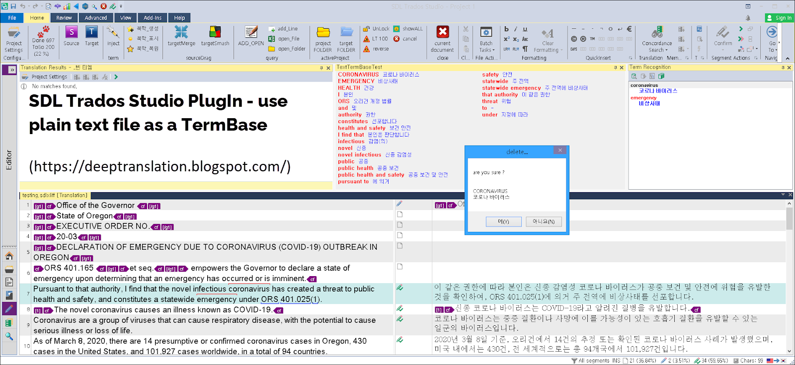 Screenshot of SDL Trados Studio with a 'delete' confirmation dialog box open, asking 'are you sure?' with options for 'yes' and 'no'. The background shows the Trados interface with a document open and term recognition pane on the right.