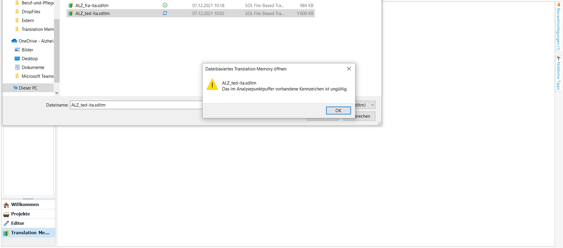 Warning dialog in Trados Studio with a yellow exclamation mark icon, stating 'The tag in the analysis point buffer is invalid.' with an 'OK' button.