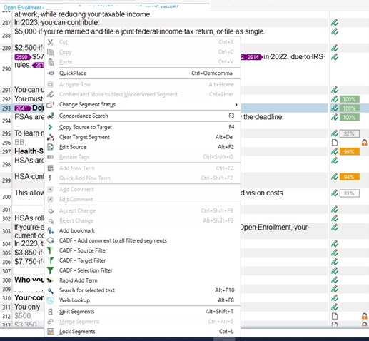 Screenshot of Trados Studio 2019 with a different segment selected, 'Edit Source' option is also available in the context menu.